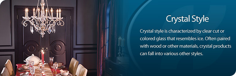 Crystal style is characterized by clear cut or colored glass that resembles ice. Shop our Crystal Lighting!